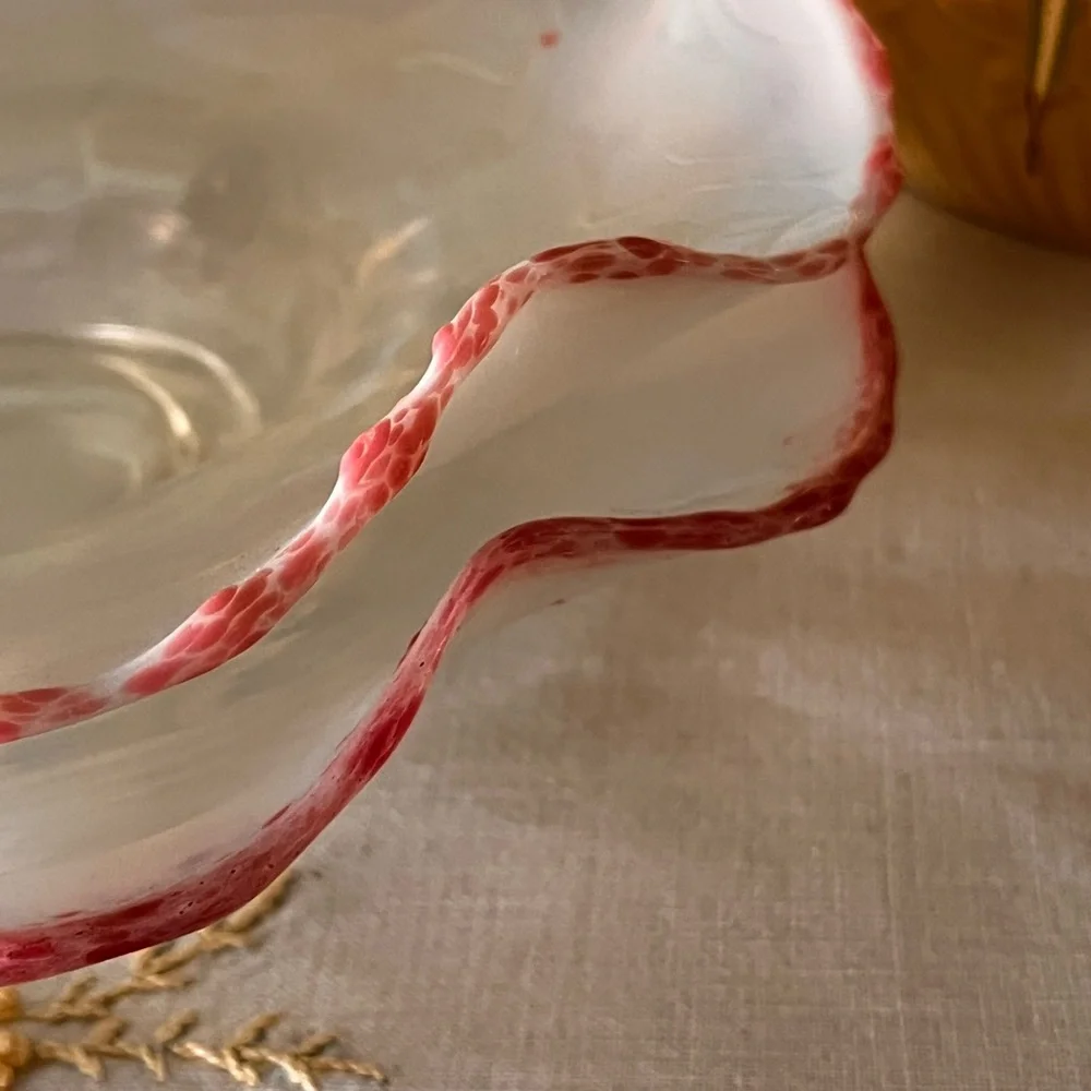 Pair Antique Cranberry Frit Moonstone Paneled Bowl Jefferson Glass Fancy Fantail